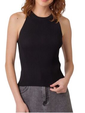 463. Black Ribbed Sleeveless Mock Neck Tank Top